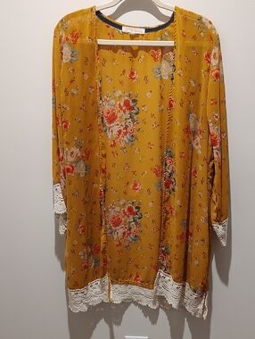 Mustard Floral Crochet Trim Kimono Cover Up Breezy Flowy Resort Lightweight